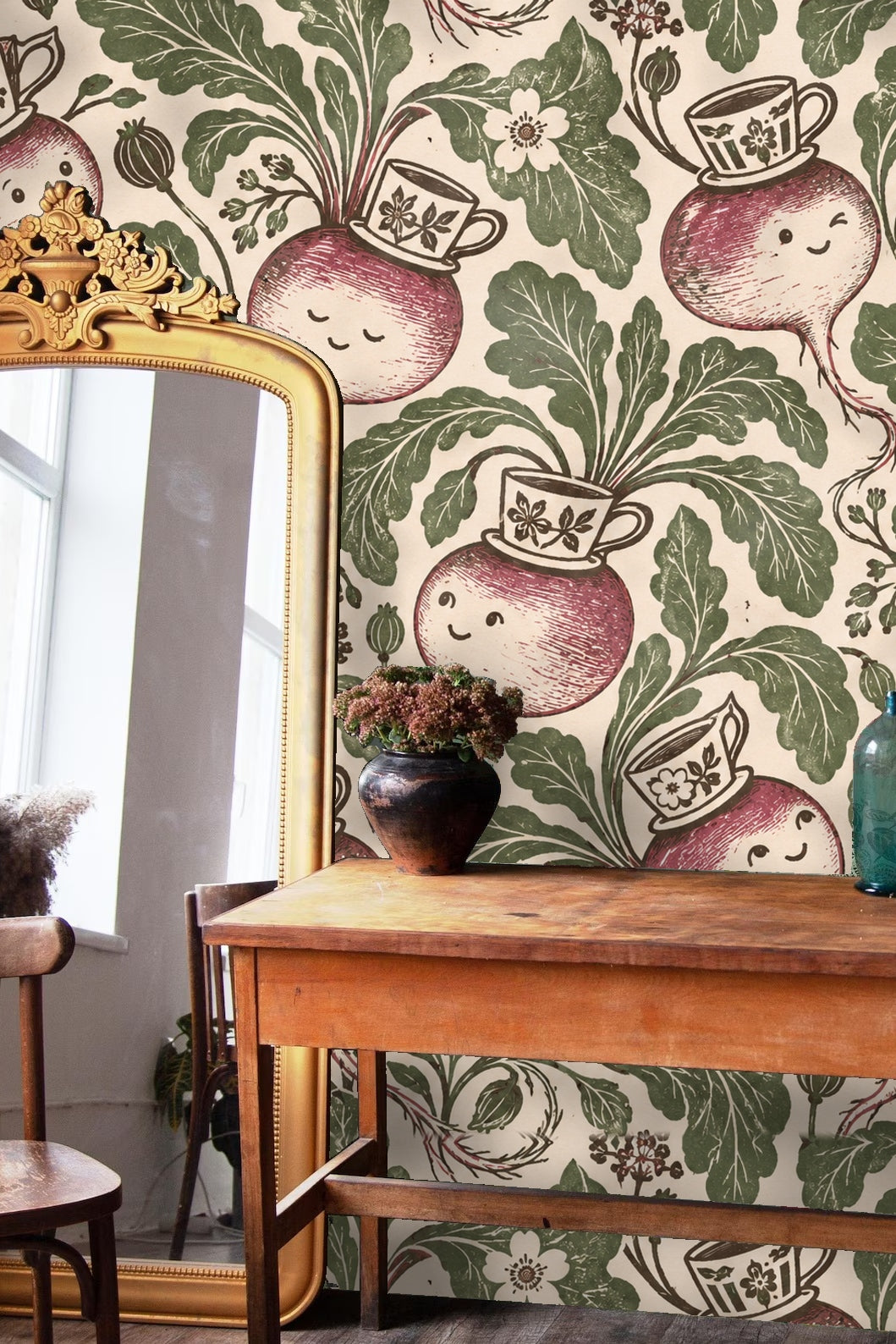 Smiling turnips in burgundy and cream with floral teacups against muted cream background.