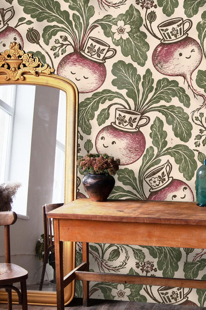 Smiling turnips in burgundy and cream with floral teacups against muted cream background.