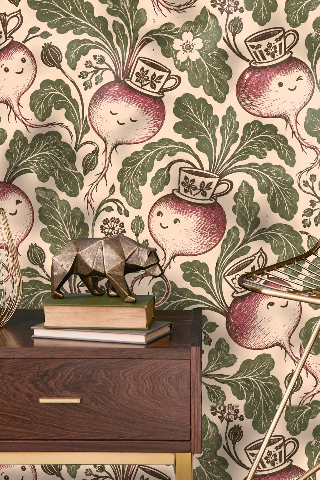 Living area corner featuring textured natural fiber rug and wooden coffee table with turnip wallpaper backdrop.
