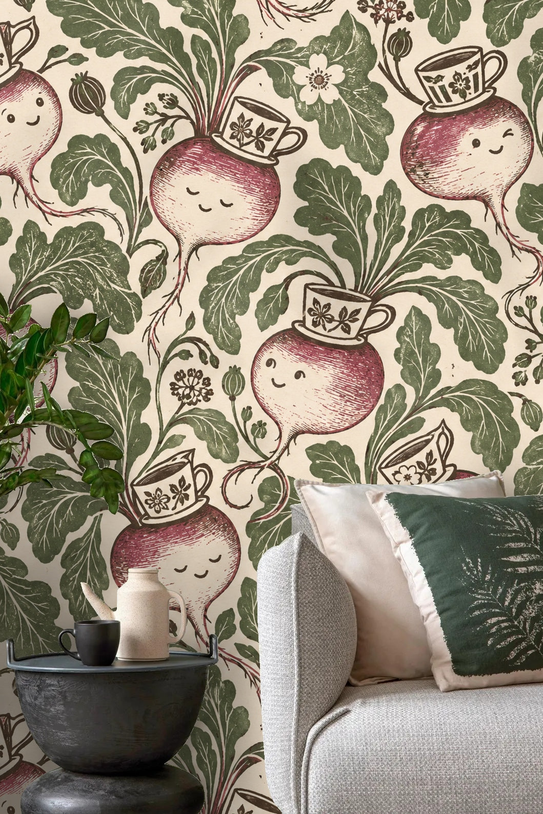 Artistic wallpaper showcasing expressive turnips, each decorated with unique floral teacup.