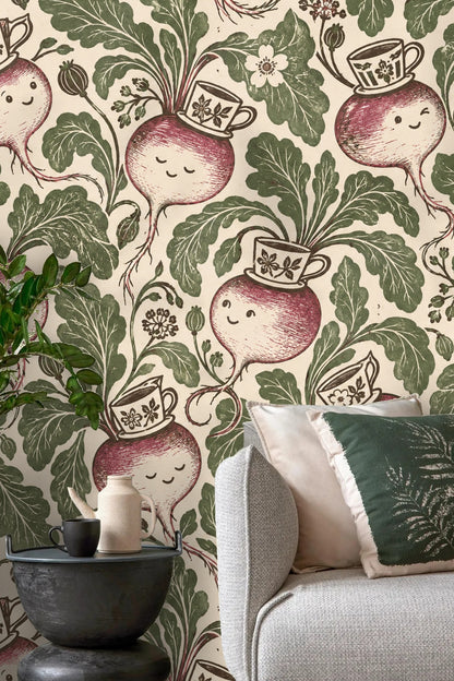 Artistic wallpaper showcasing expressive turnips, each decorated with unique floral teacup.