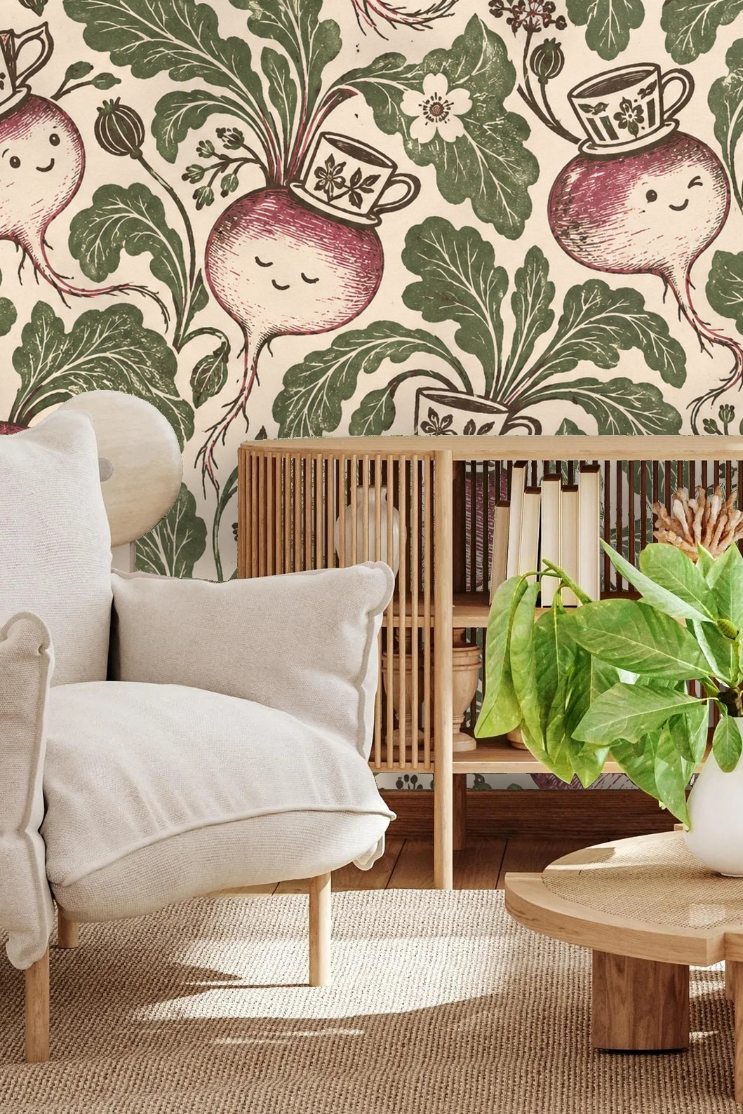 Close-up of whimsical wallpaper design with smiling turnips wearing decorated teacups, surrounded by green leaves and floral elements.