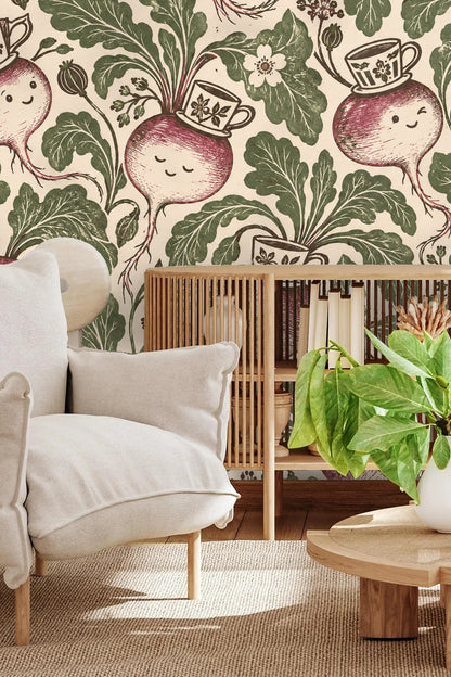 Close-up of whimsical wallpaper design with smiling turnips wearing decorated teacups, surrounded by green leaves and floral elements.