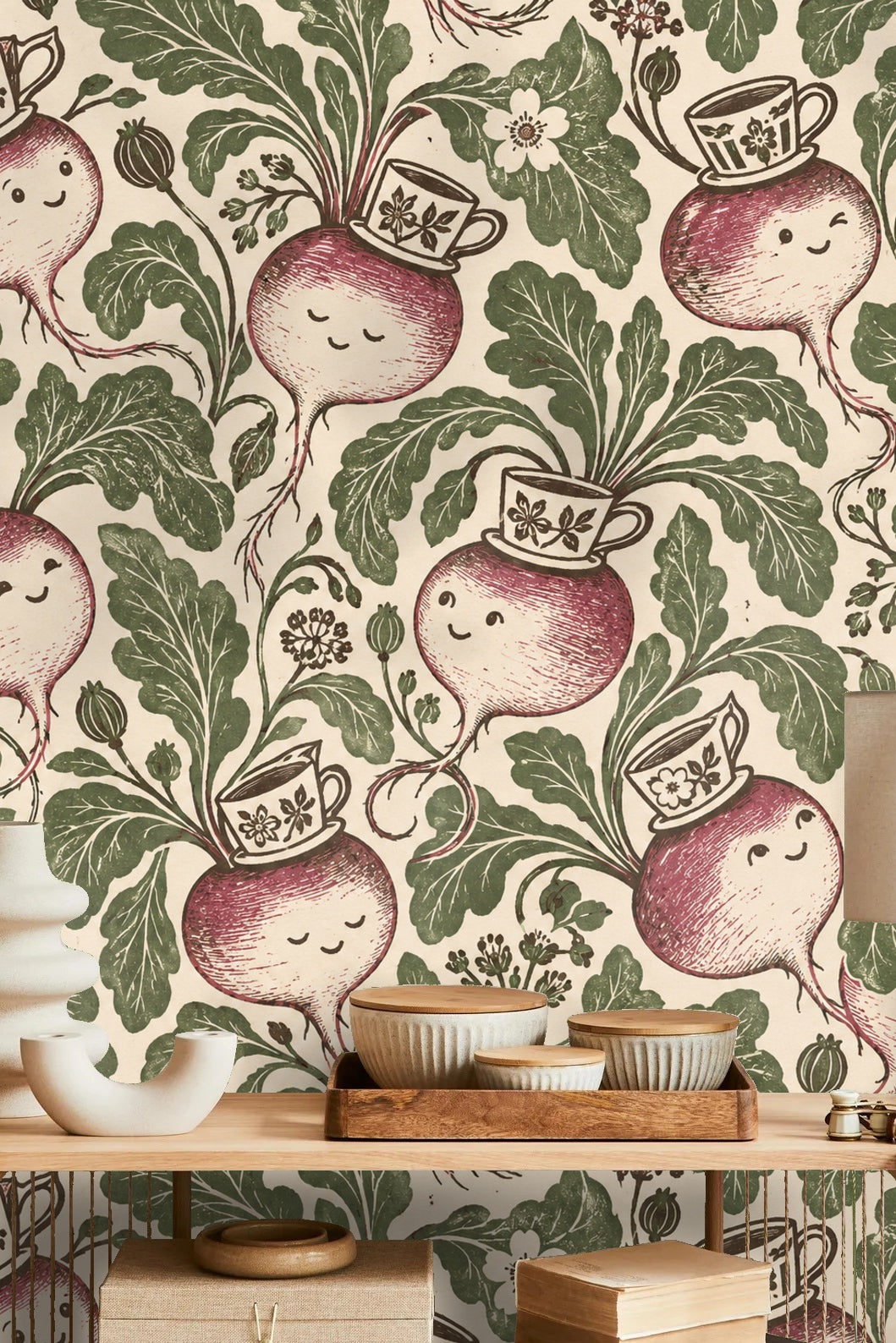 Bright wallpaper detail showing burgundy turnips with teacups surrounded by vintage-style green leaves.