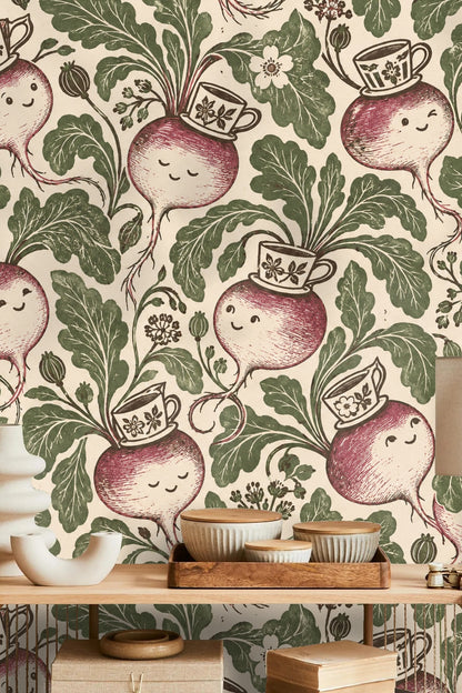 Bright wallpaper detail showing burgundy turnips with teacups surrounded by vintage-style green leaves.