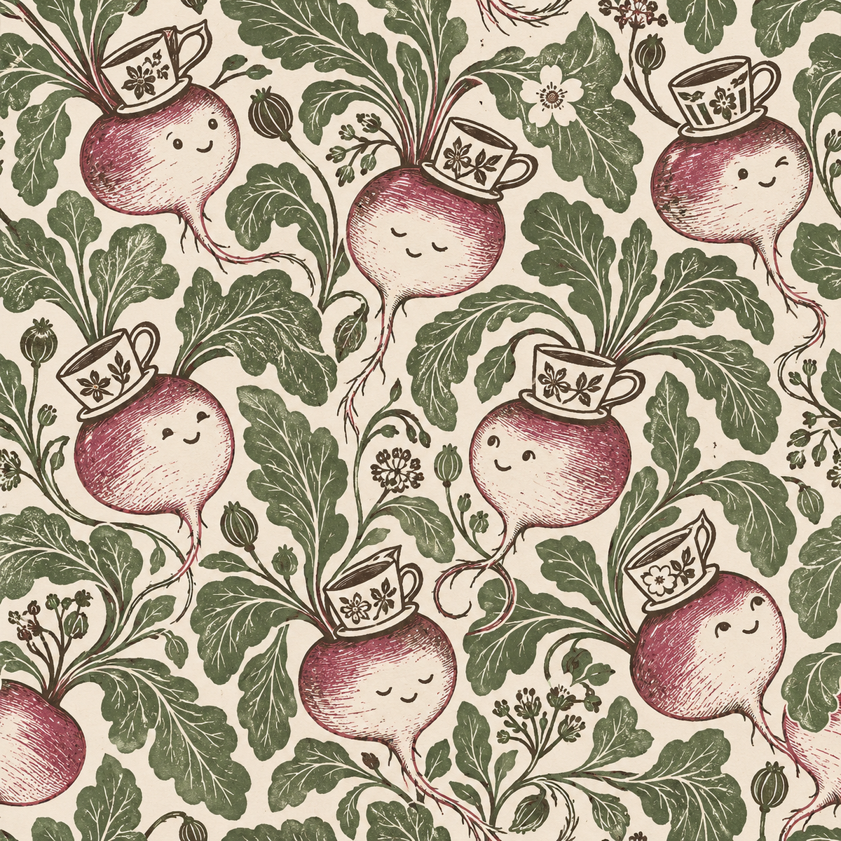 Wood textures and creamy fabrics complement illustrated wallpaper with whimsical teacup turnips.