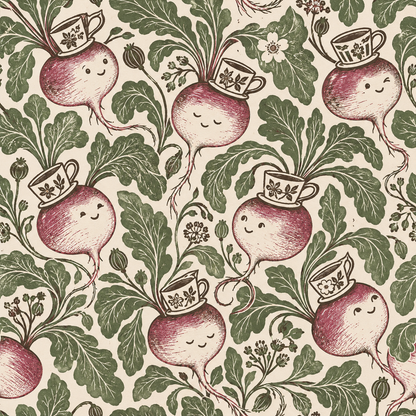 Wood textures and creamy fabrics complement illustrated wallpaper with whimsical teacup turnips.