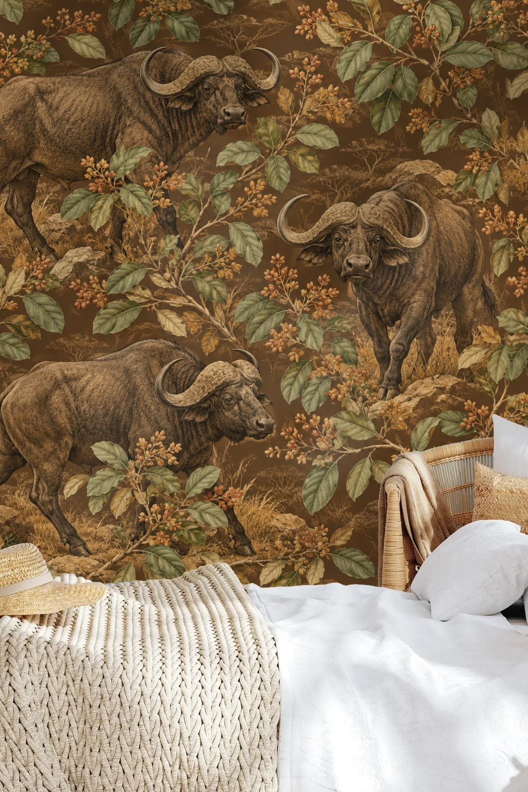 Buffalo facing forward, emphasizing realistic animal illustration