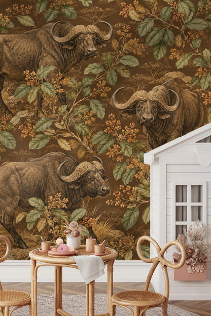 Room shot showcasing Buffalo Combretum Bower wallpaper with ornate gold mirror and wooden table