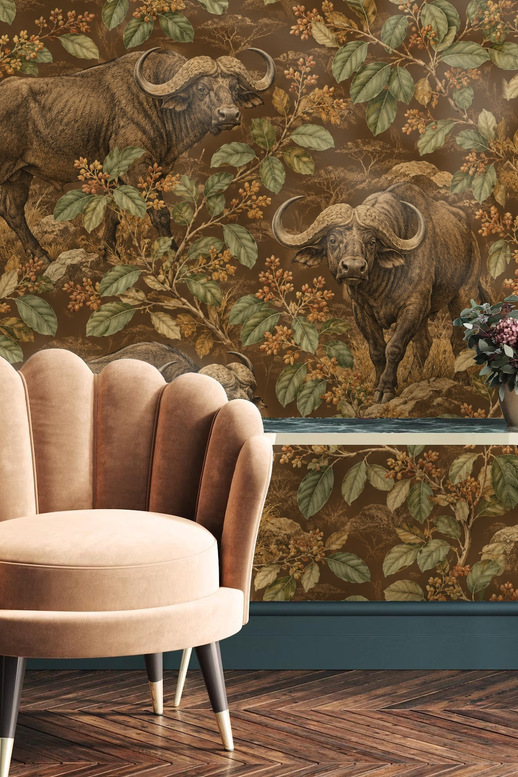 Wall detail highlighting botanical motifs with muted orange and green hues