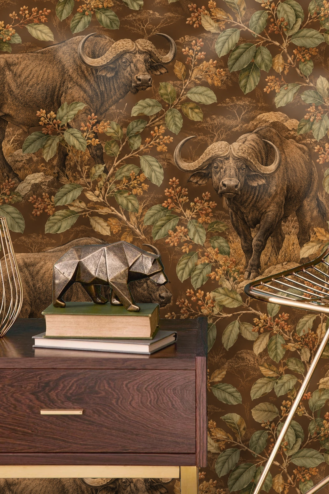Panoramic view of buffalo in natural habitat with detailed leaves and branches