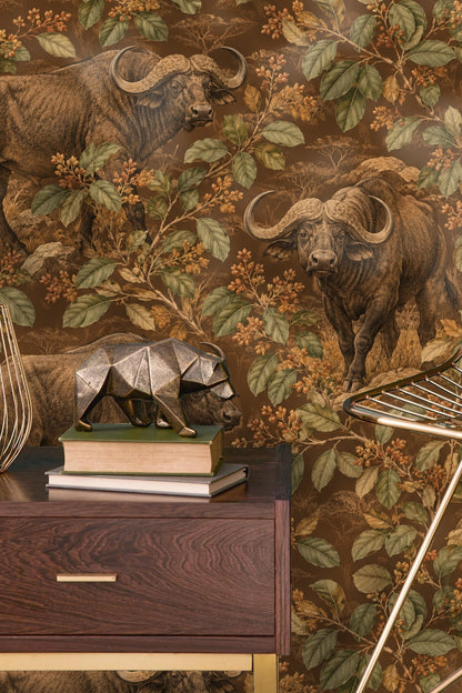 Panoramic view of buffalo in natural habitat with detailed leaves and branches