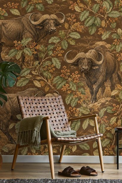 Playroom styled with Buffalo Combretum Bower wallpaper featuring buffalo and botanical elements