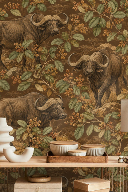 Scene showing buffalo standing on rocky terrain under leafy branches