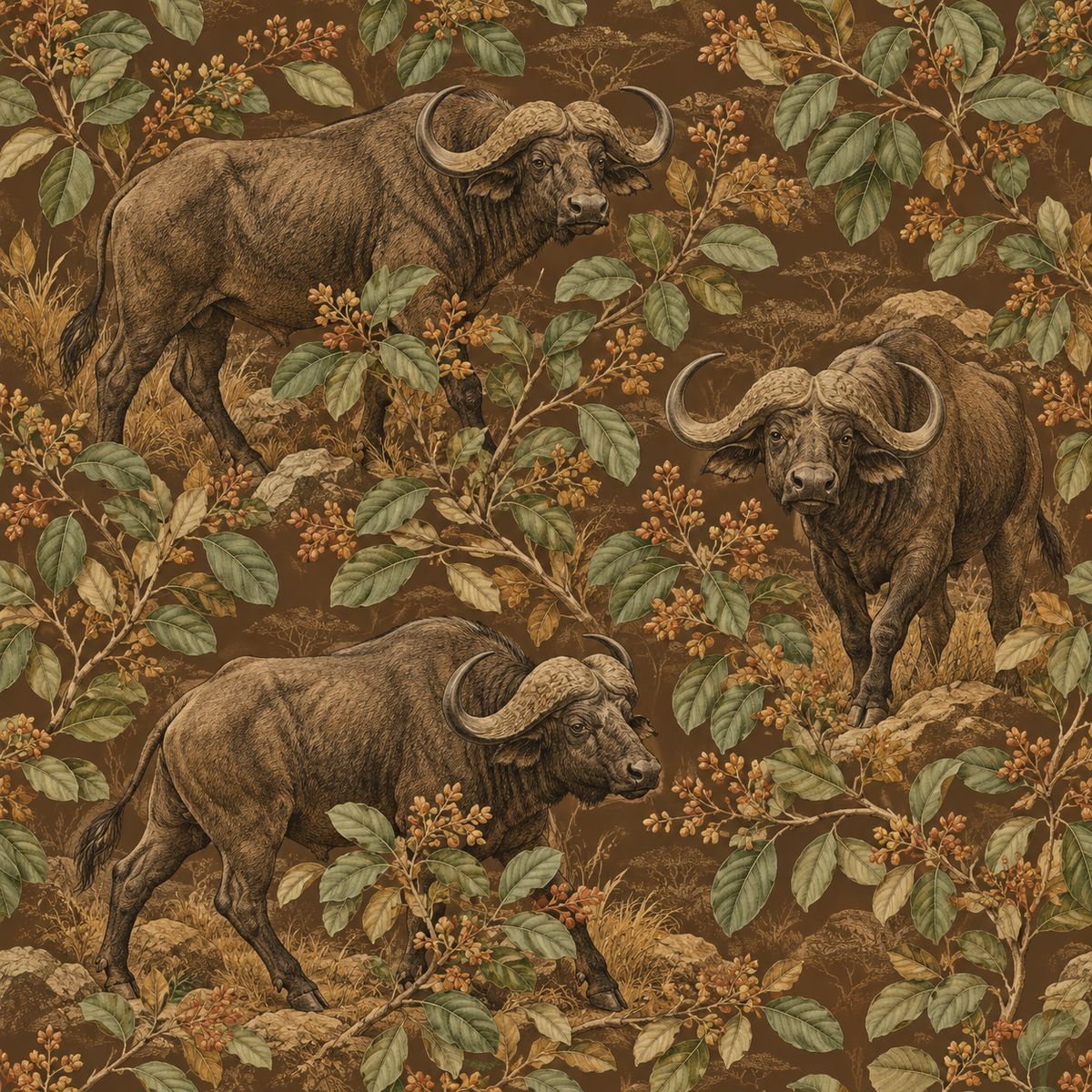 Wallpaper pattern repeat showing multiple buffalo and foliage elements