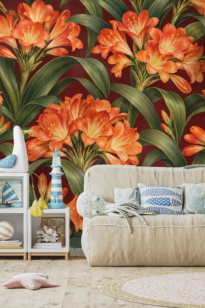 Side angle of burgundy clivia wallpaper next to window light, emphasizing depth of floral design