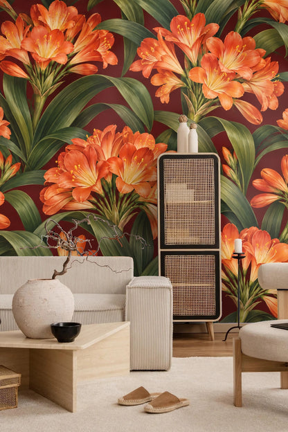 Eclectic room interior highlighting burgundy clivia wallpaper as vibrant accent wall