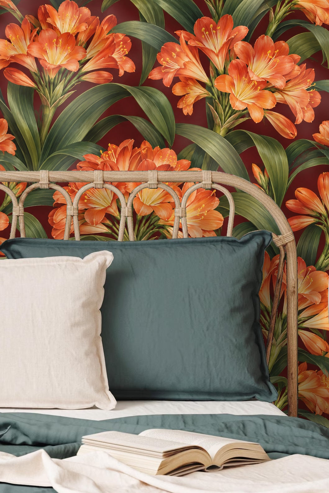 Zoomed detail of clivia flowers with yellow stamens and sweeping green leaves on rich burgundy background