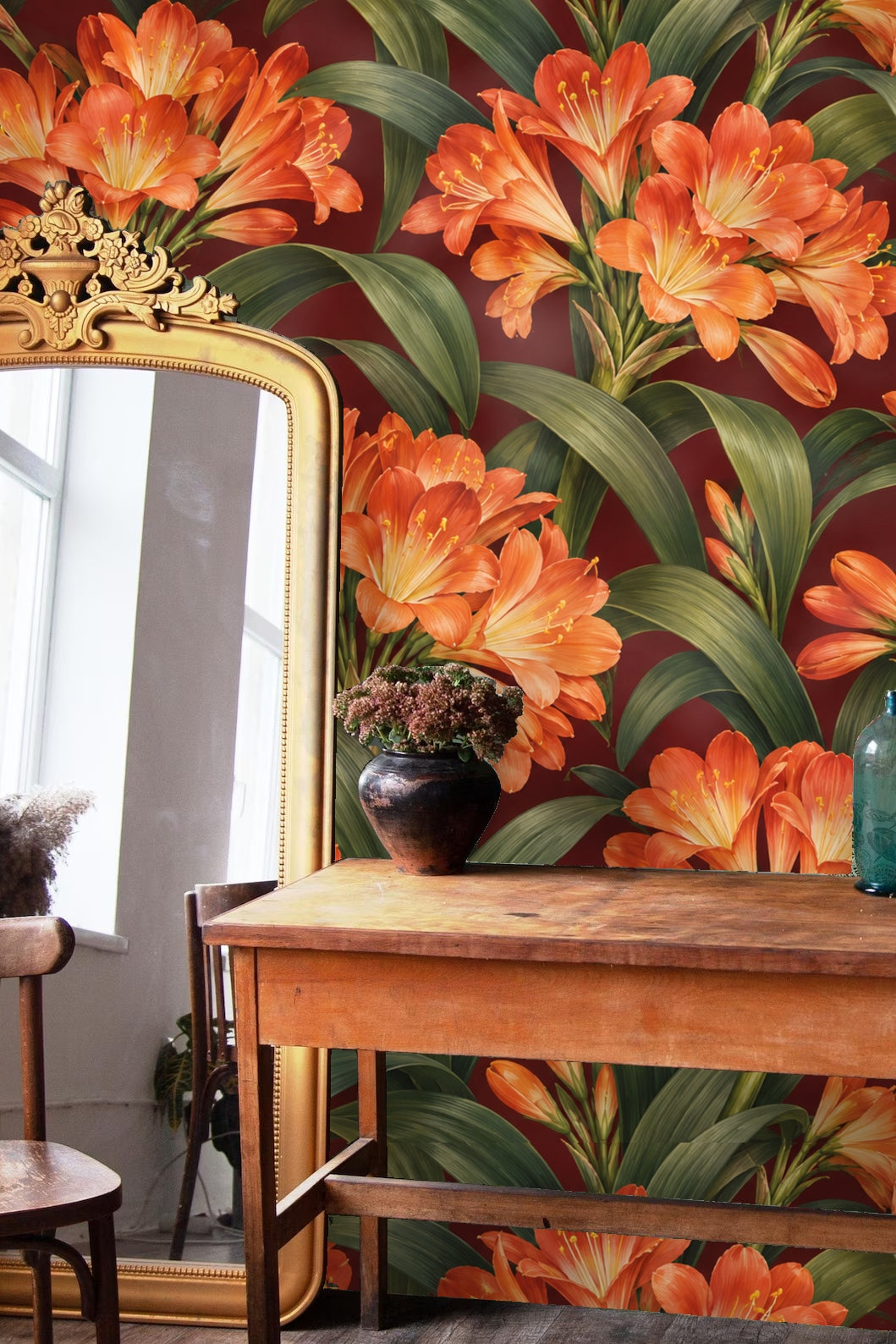 Close-up of vibrant orange clivia flowers with deep green leaves on burgundy background wallpaper