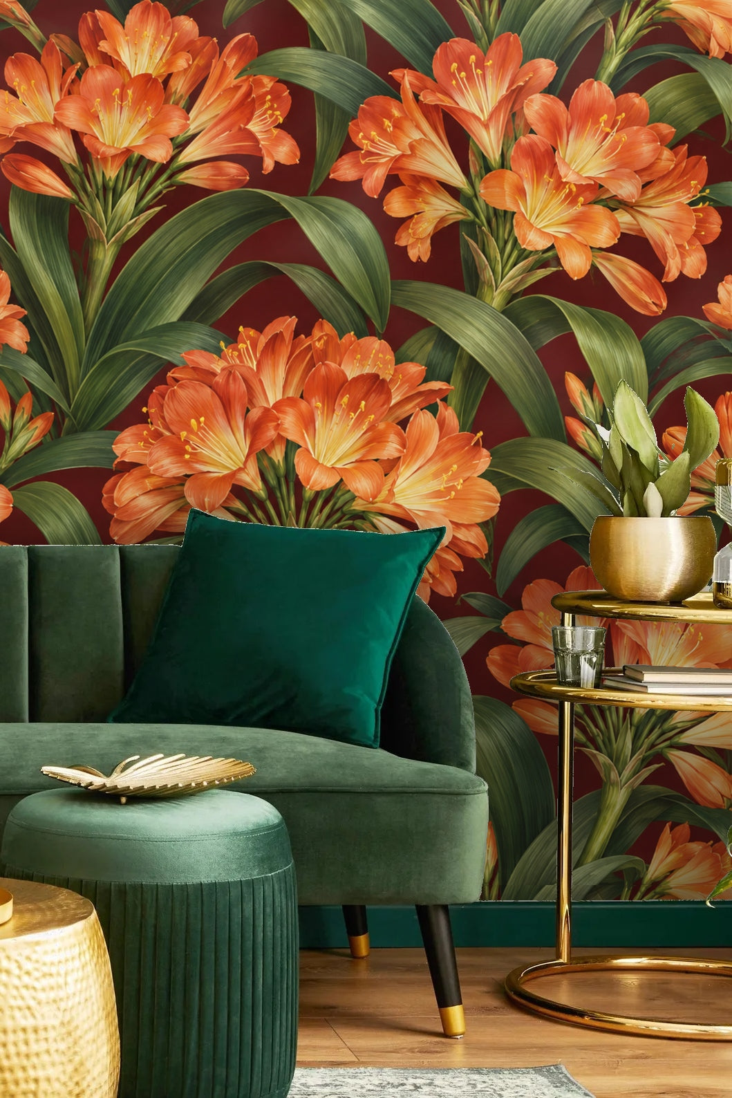 Pattern repeat showing dense foliage and flower cluster arrangement in perfect alignment