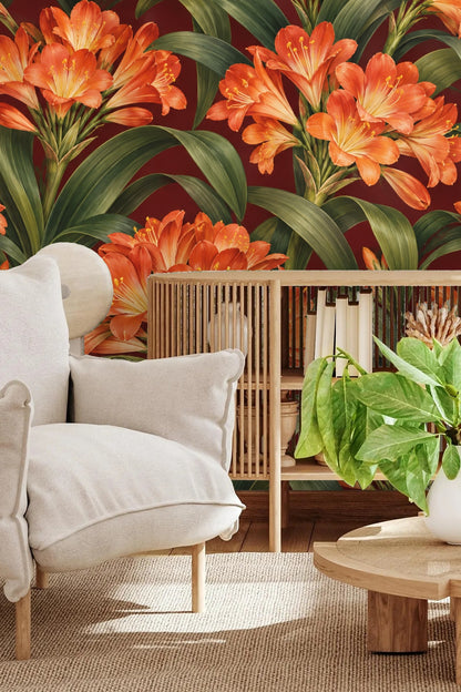 Playroom wall adorned with burgundy clivia wallpaper featuring large orange floral clusters and green leaves