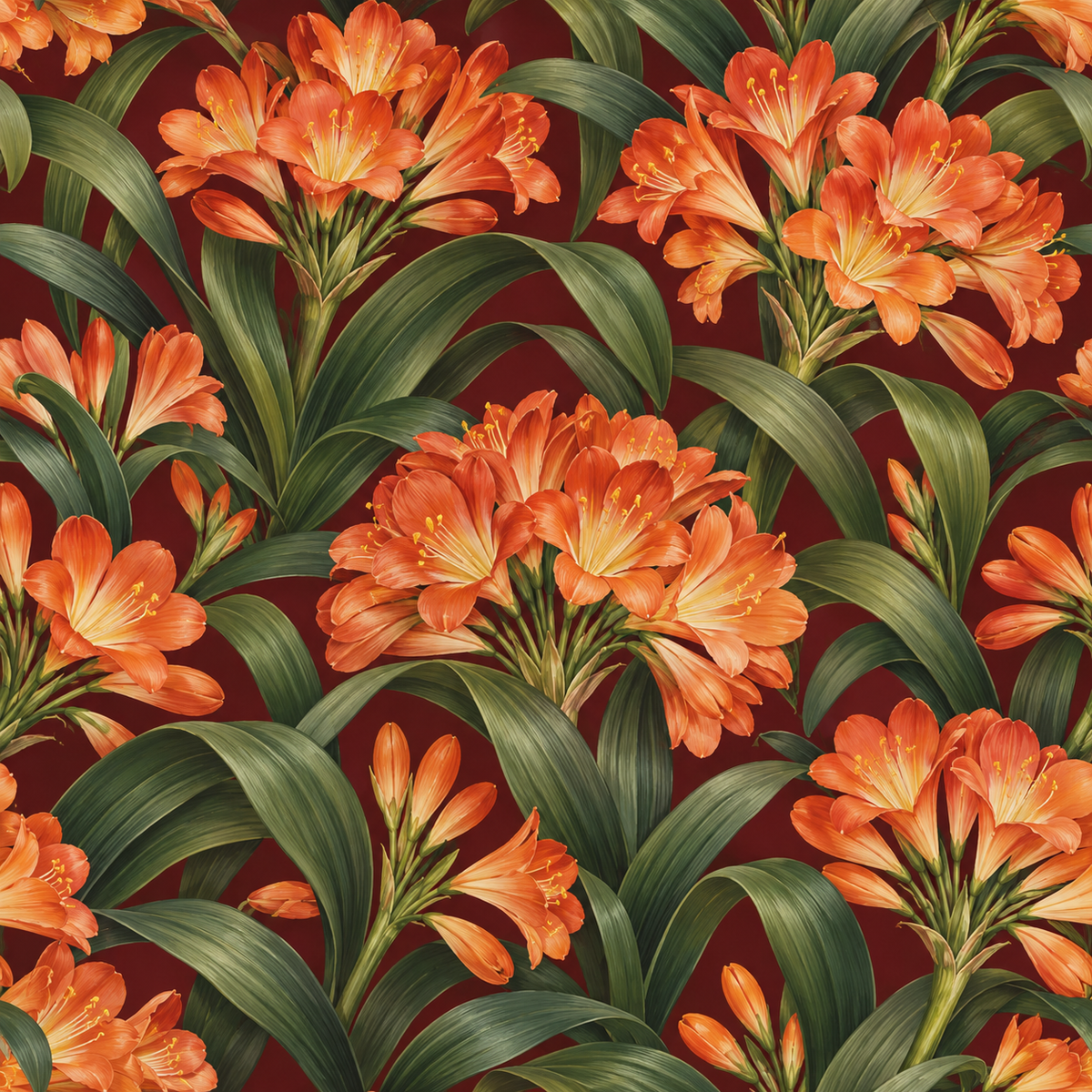 Bright and airy space with a feature wall covered by illustrative clivia floral wallpaper