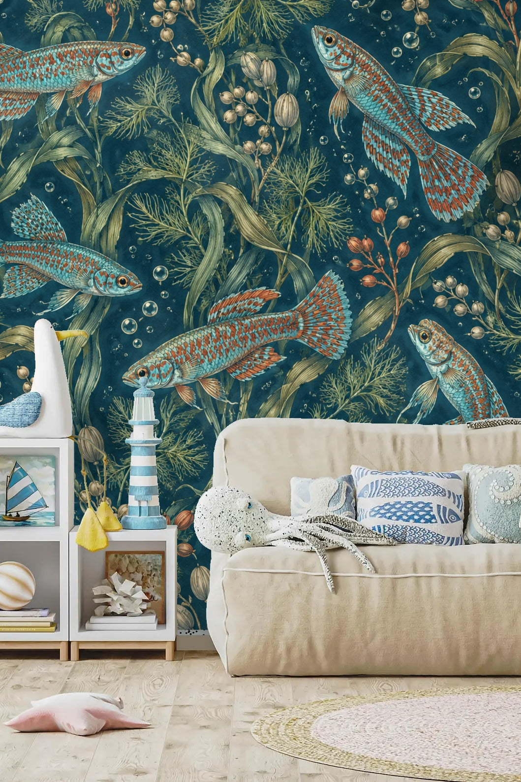 Fish motifs swimming among distinct stalks of underwater plants and berries.