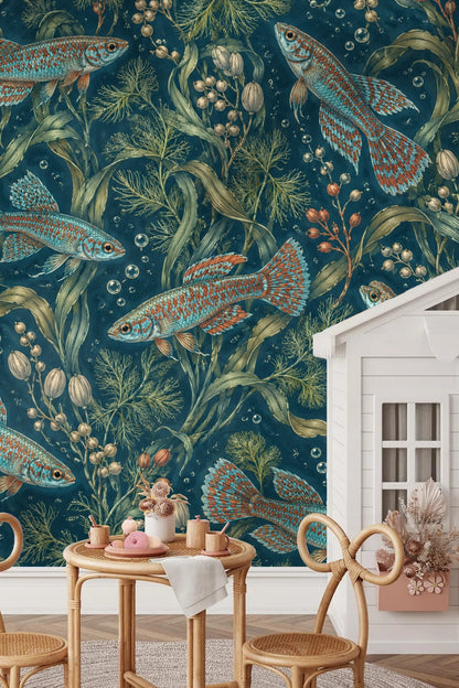Living room corner with blush pink shell chair against Killifish Ribbonwater wallpaper in deep blue tones.