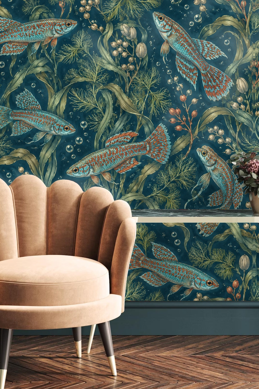 Detailed close-up of Killifish Ribbonwater wallpaper pattern showing turquoise and orange fish among underwater plants.