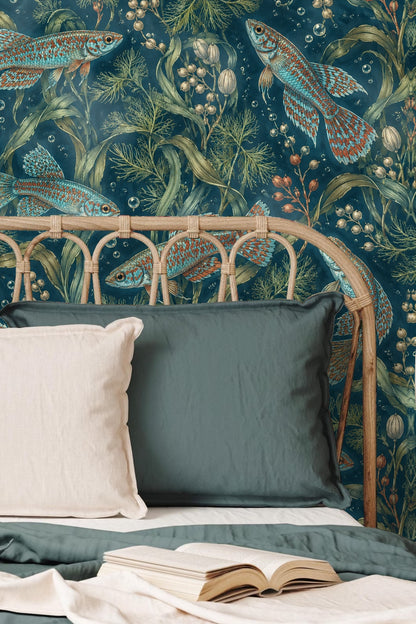 Children's playroom with natural wood furniture and Killifish Ribbonwater wallpaper mural backdrop in teal and burnt orange. 