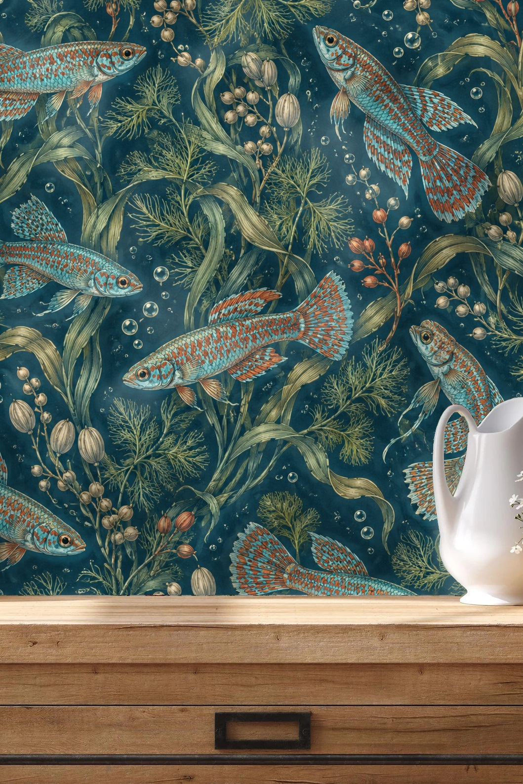 Cluster of air bubbles rising through underwater vegetation in wallpaper design.