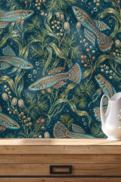 Cluster of air bubbles rising through underwater vegetation in wallpaper design.