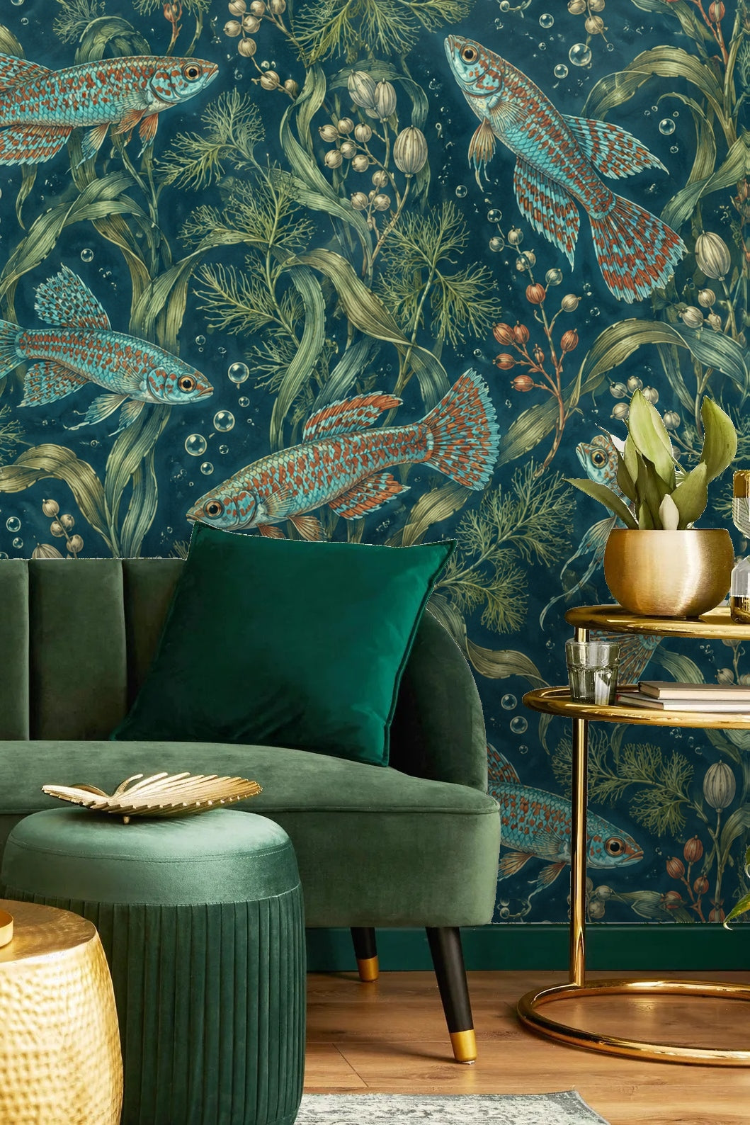Color palette swatch of deep marine blue, muted greens, and coral orange.