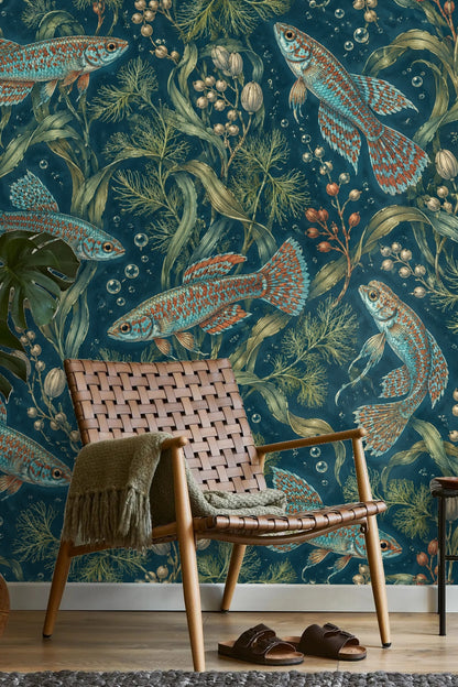 Pattern details of aquatic flora intertwined with bubbles and fish eyes.
