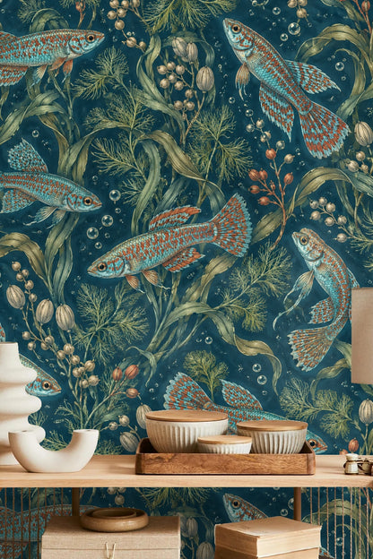 Close-up of flowing seaweed and delicate botanical details in underwater wallpaper.