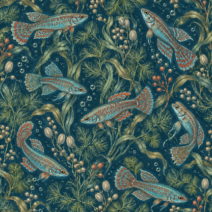 Artistic wallpaper showing underwater scene with motion implied by plant curls and fish placement.