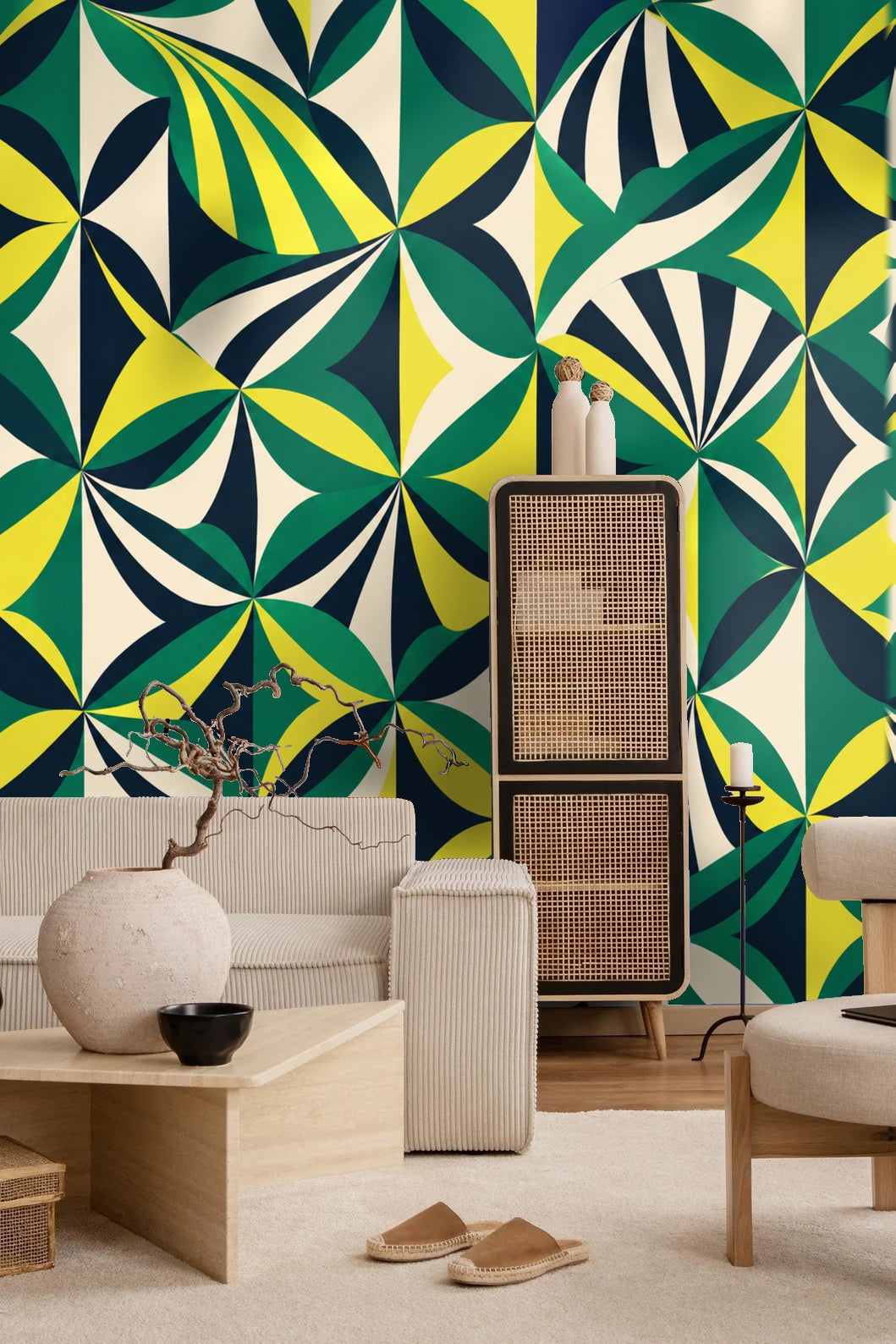 Folded Fan Mosaic wallpaper shown in an interior setting