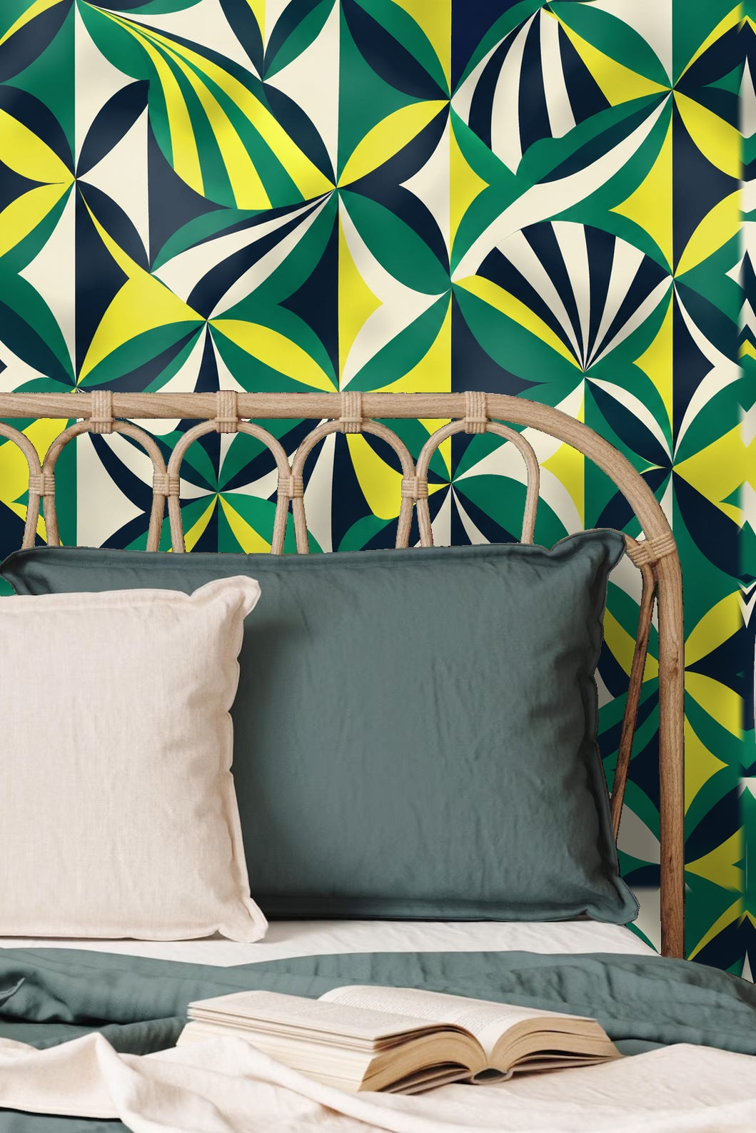 Emerald Compass Geometry wallpaper detail showing folded leaf fan shapes in green, yellow, navy, and cream.