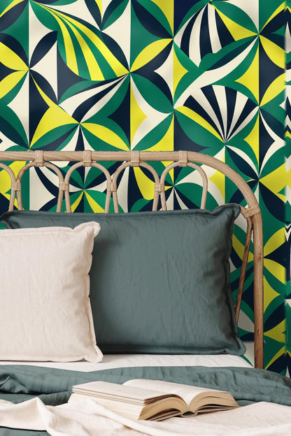 Emerald Compass Geometry wallpaper detail showing folded leaf fan shapes in green, yellow, navy, and cream.