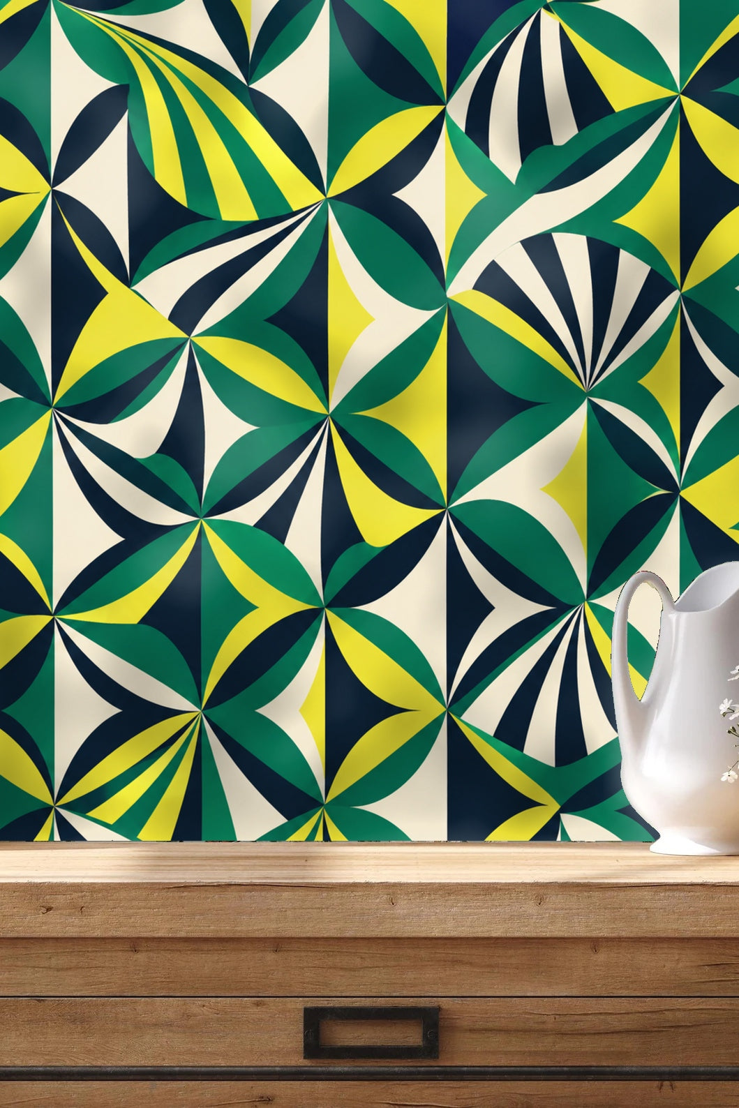 Folded Fan Mosaic wallpaper shown in an interior setting