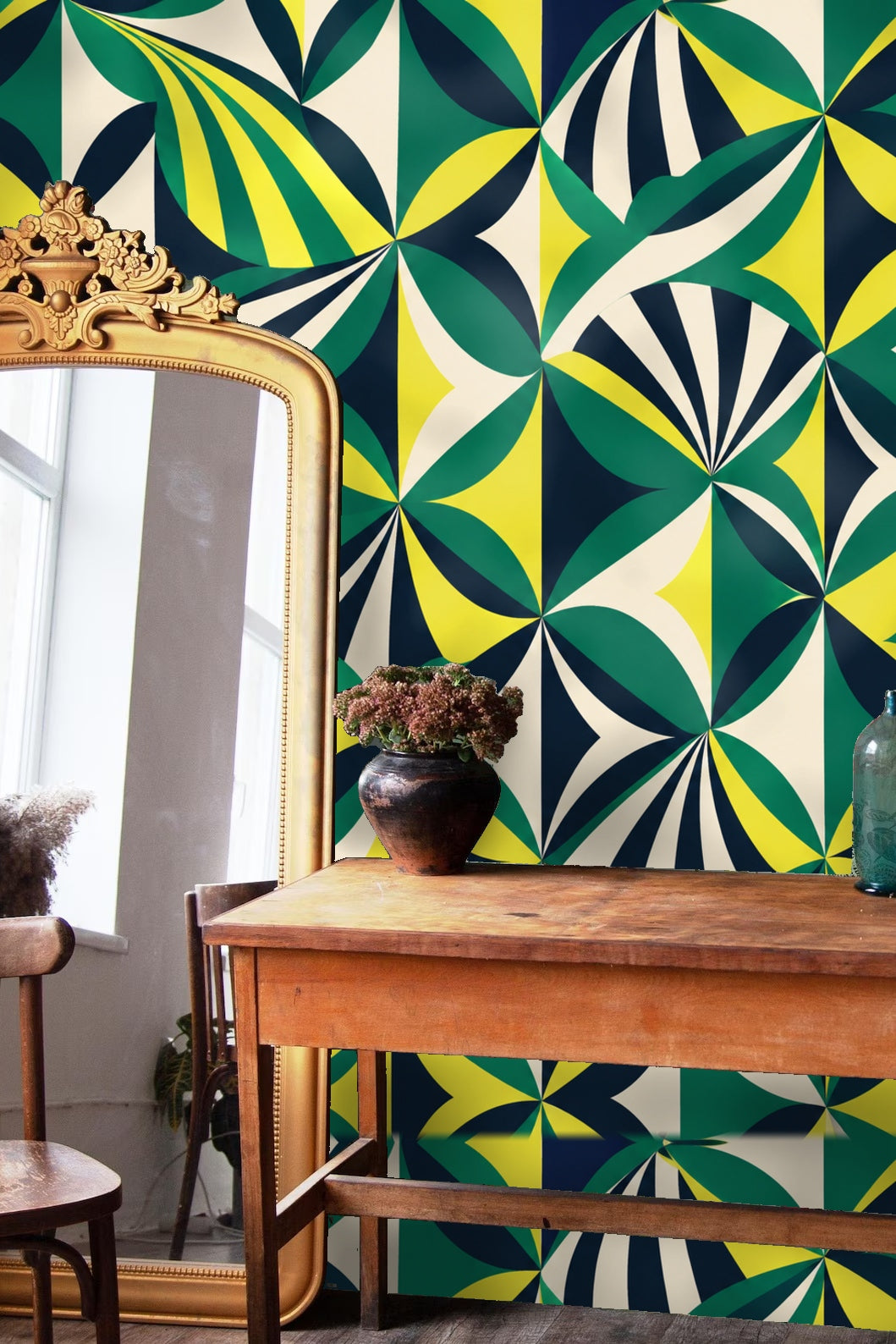 Folded Fan Mosaic wallpaper shown in an interior setting