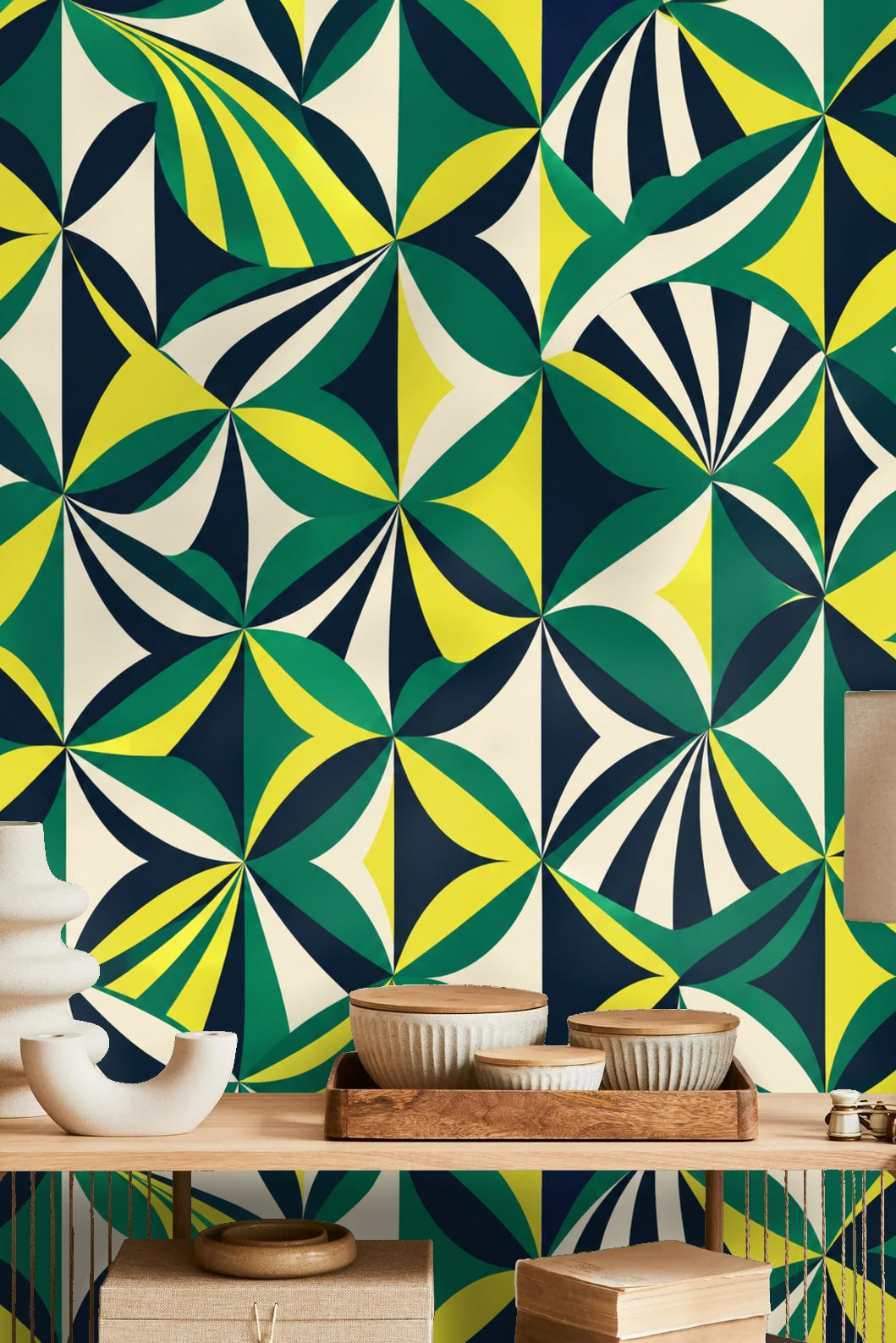 Folded Fan Mosaic wallpaper shown in an interior setting