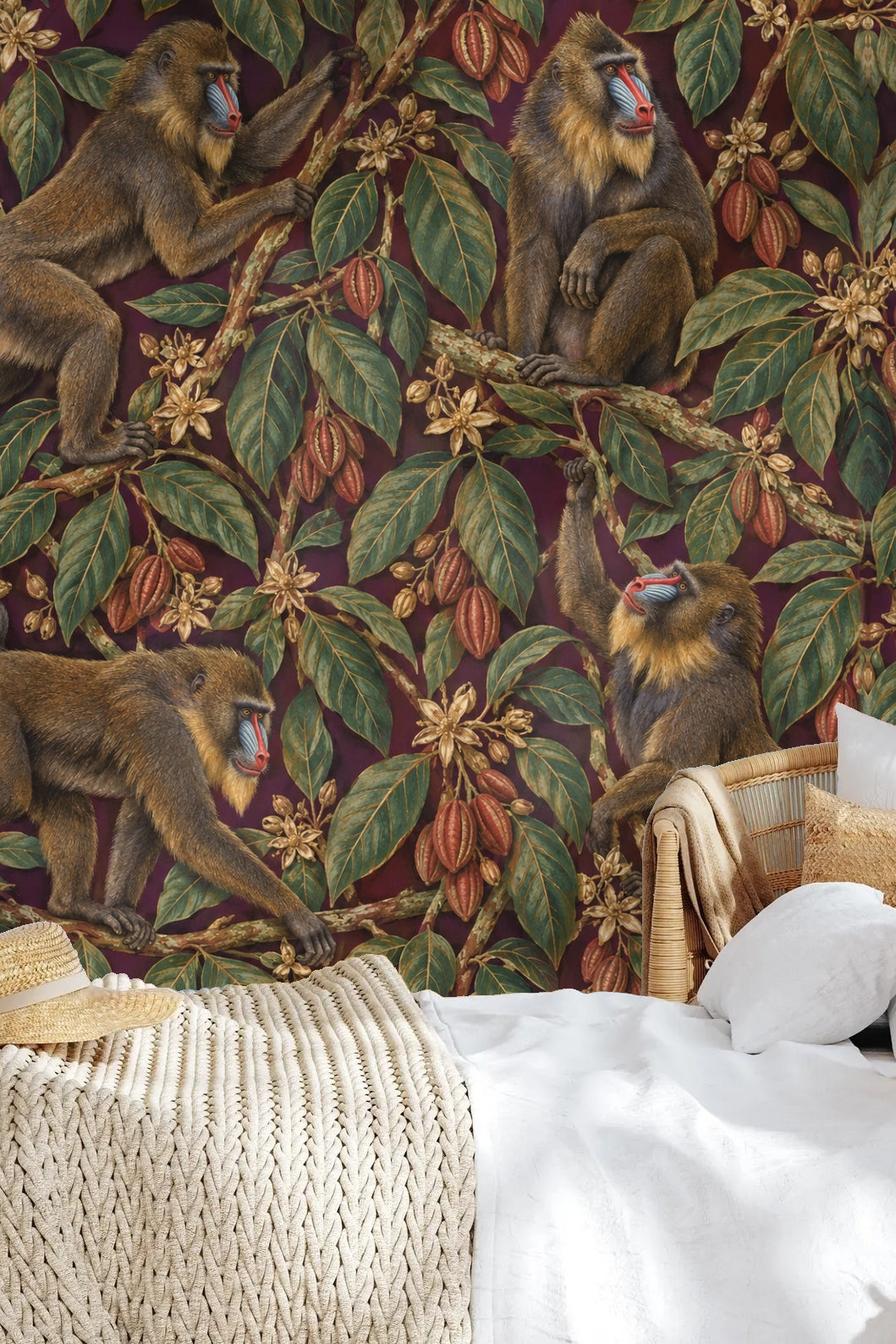 Wallpaper view with mandrill reaching for cocoa pod