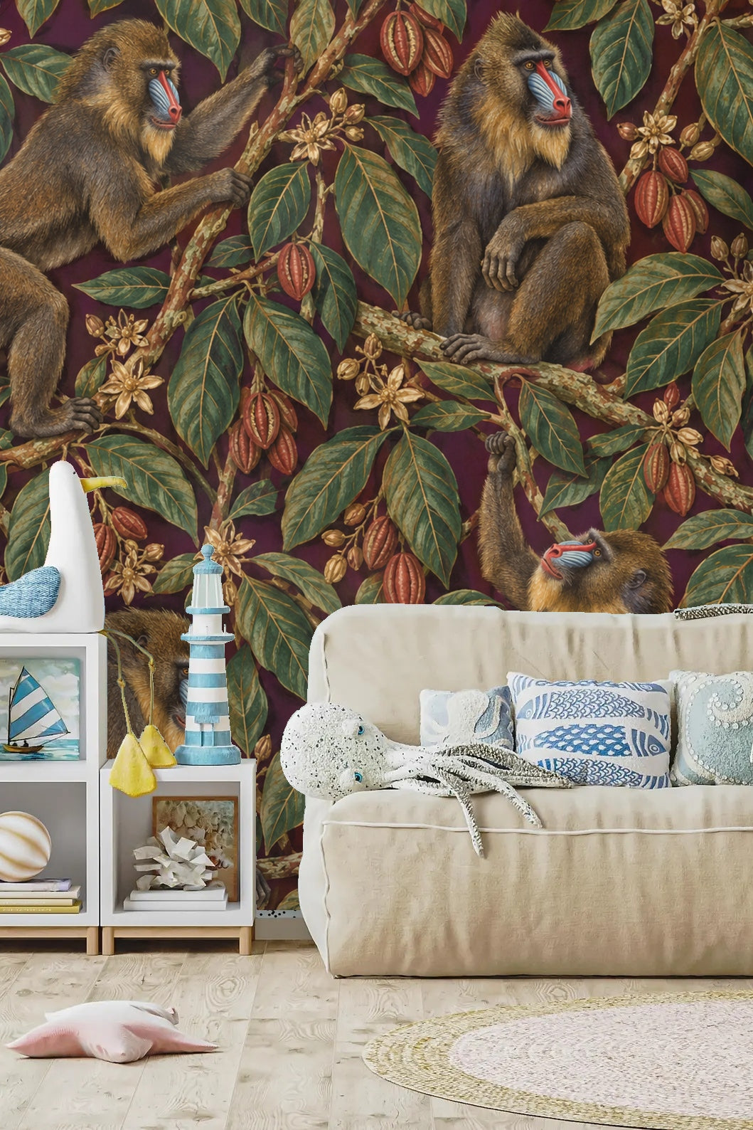 Lifestyle image with rattan furniture and mandrill wallpaper