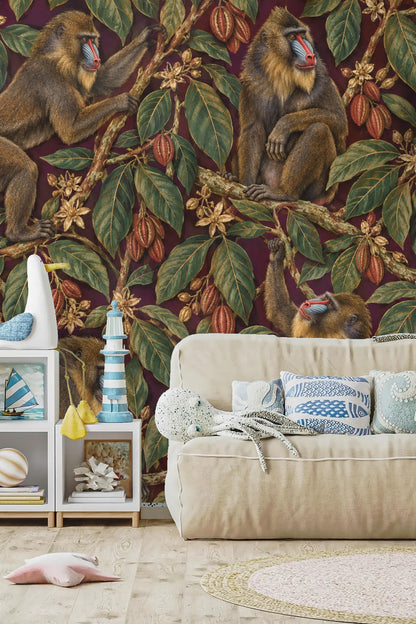 Lifestyle image with rattan furniture and mandrill wallpaper