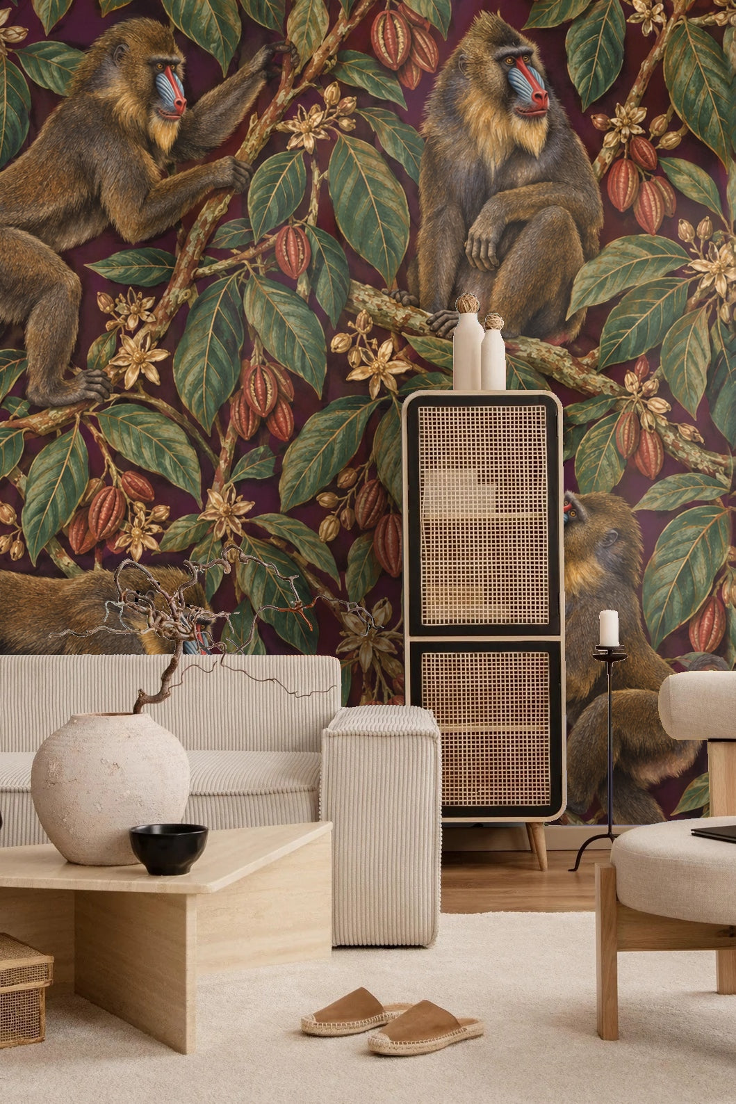 Atmospheric wall segment showing botanical elements and fruit