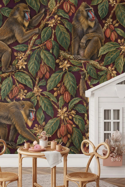 Living room corner with mandrill cocoa canopy wallpaper and wooden side table