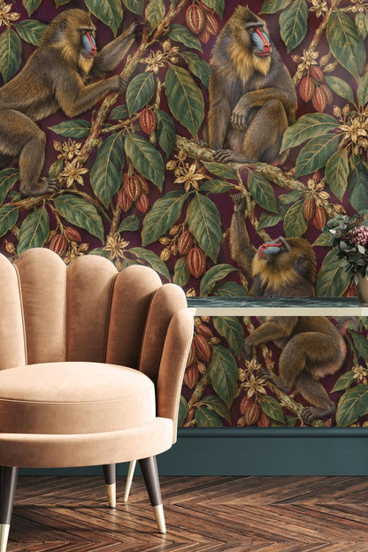 Section of wallpaper highlighting textured leaves and cocoa pods