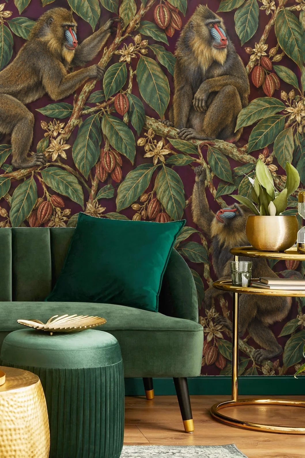 Wallpaper mural across large wall with detailed primates