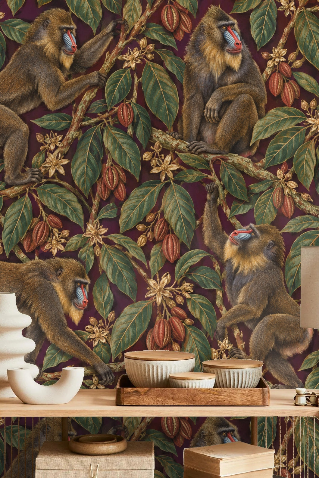 Wallpaper panel detail with three mandrills in different poses